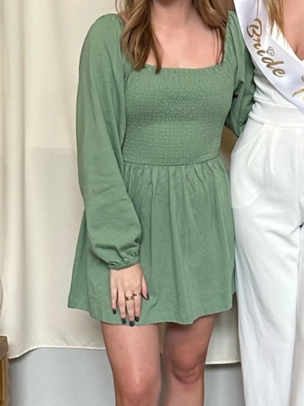 Free People Smocked Square Neck Long Sleeve Mini Dress - Sage Green